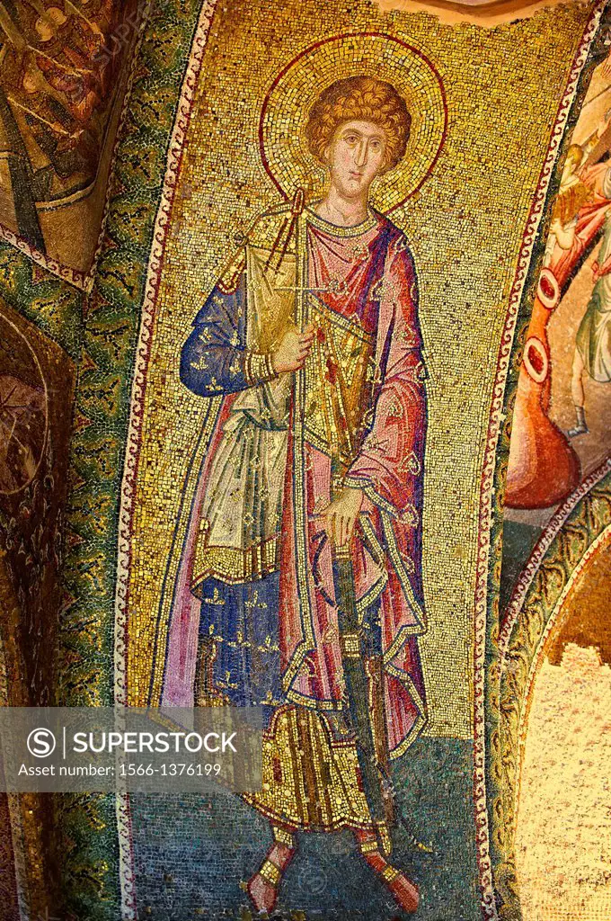The 11th century Roman Byzantine Church of the Holy Saviour in Chora and its mosaic of Saint George. Endowed between 1315-1321 by the powerful Byzanti...