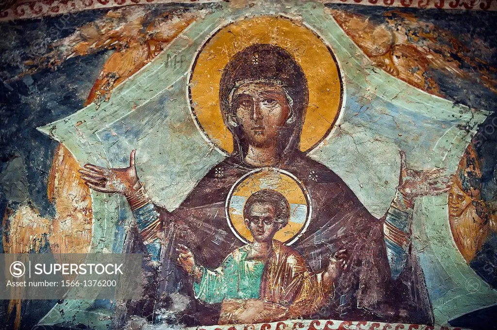 The 11th century Roman Byzantine Church of the Holy Saviour in Chora and a fresco of the Virgin Mary and Jesus in the parecclesion chapel Endowed betw...