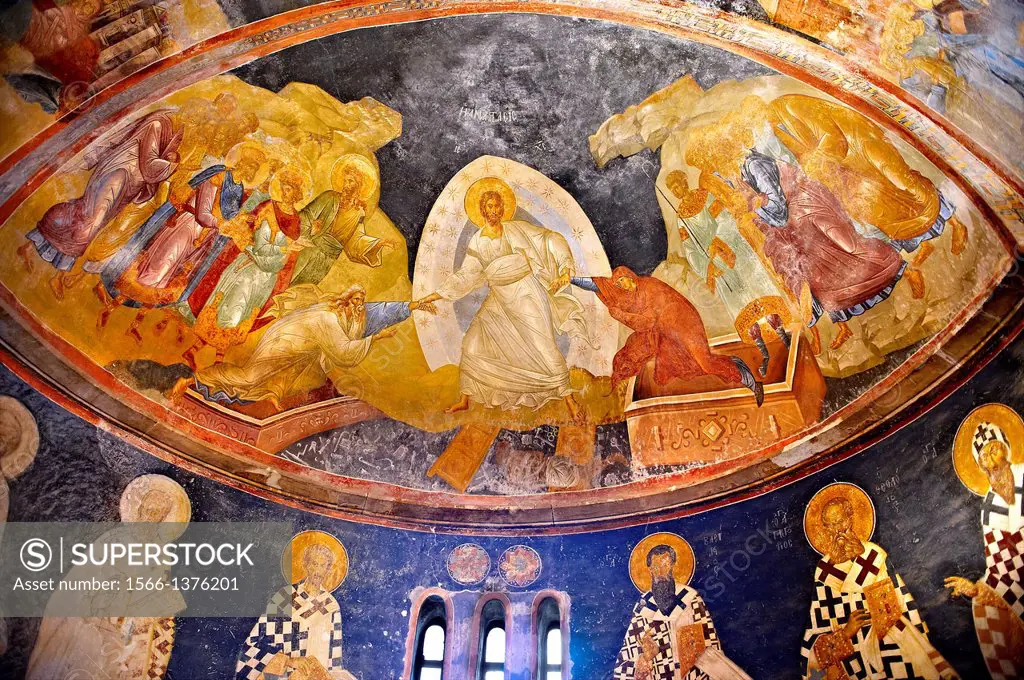 The 11th century Roman Byzantine Church of the Holy Saviour in Chora and its Anastasis fresco of the parecclesion chapel. Christ is depicted saving Ad...