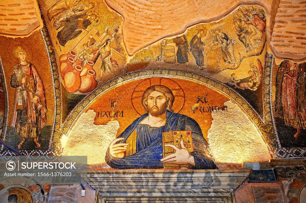 The 11th century Roman Byzantine Church of the Holy Saviour in Chora and its mosaic of Christ Pantocrator over the door leading to the second narex. E...