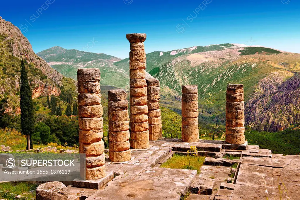 The ruins of the 4th century BC Temple of Apollo , a peripteral Doric building. Delphi, archaeological site, Greece,.