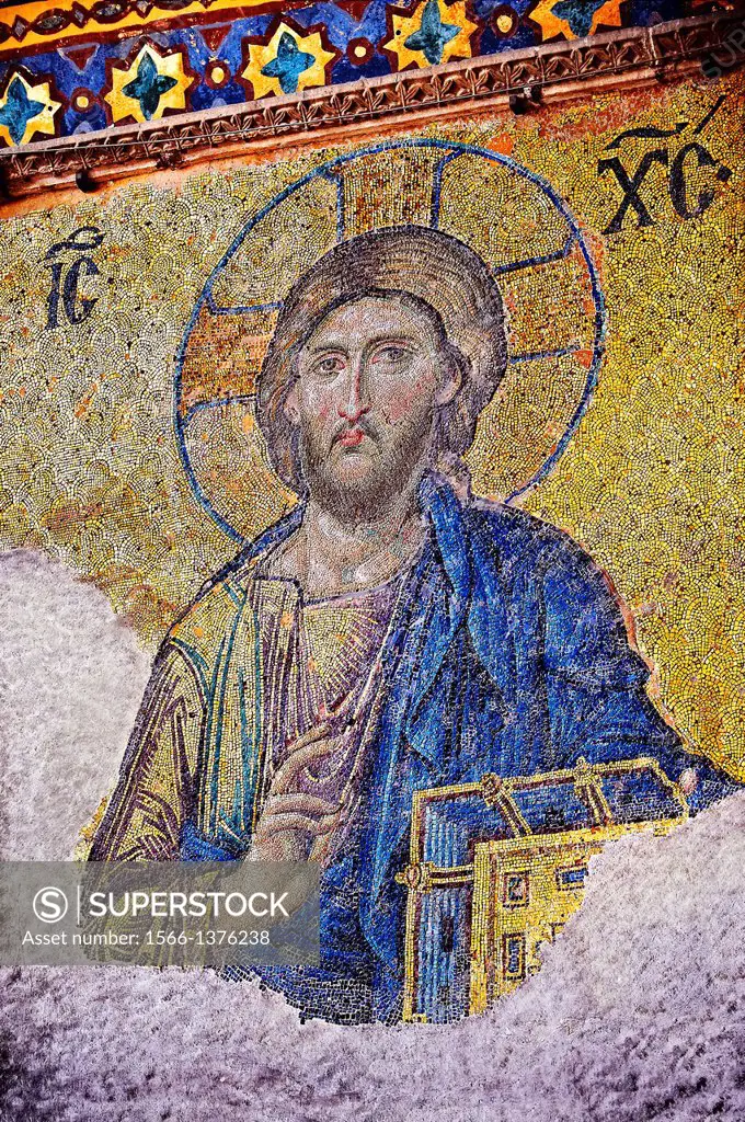 Byzantine Deí«sis ( Entreaty) mosaic , 1261, detail of Christ Pantocrator for humanity on Judgment Day. Hagia Sophia, Istanbul, Turkey.