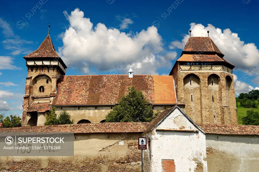 The Fortified Saxon Evangelical church of Valea Viilor. A Gothic church built in 1414 with a three layered defensive tower. Sibiu, Transylvania. A Wor...