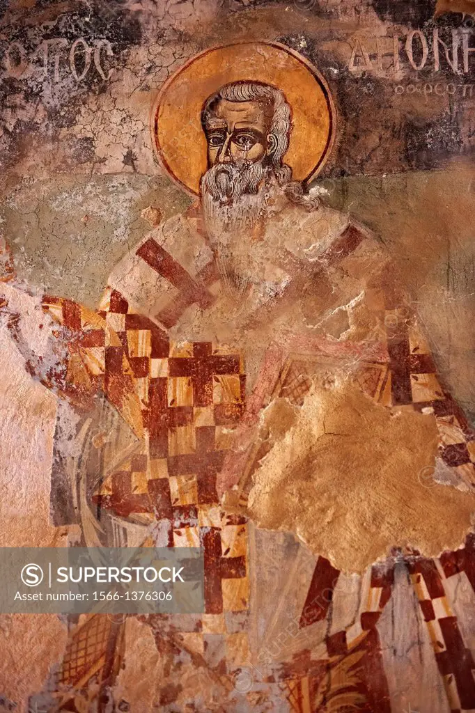Byzantine fresco of the church of Saint Nicolas. Mystras , Sparta, the Peloponnese, Greece. A UNESCO World Heritage Site.