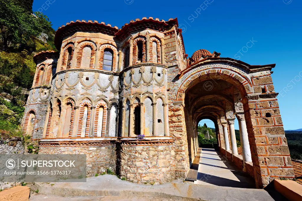 Exterior of the Byzantine Othodox monastery of Pantanassa , Mystras , Sparta, the Peloponnese, Greece. A UNESCO World Heritage Site.
