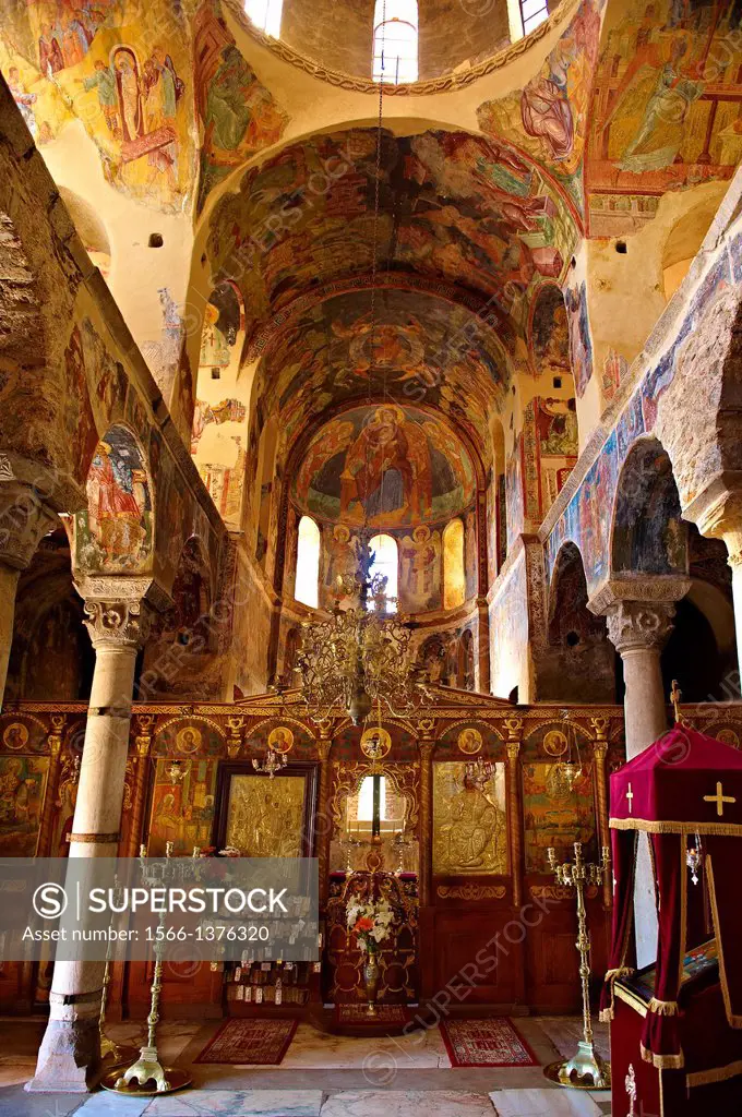 Interior of the Byzantine Orthodox monastery of Pantanassa , showing Byzantine frescos & Icons, Mystras , Sparta, the Peloponnese, Greece. A UNESCO Wo...