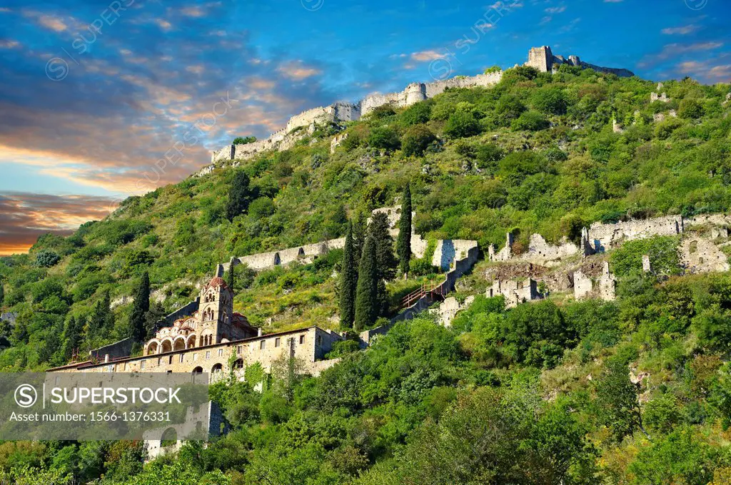 View of Mystras looking up towards the castle fortifications and the Byzantine Othodox monastery of Pantanassa , Mystras , Sparta, the Peloponnese, Gr...