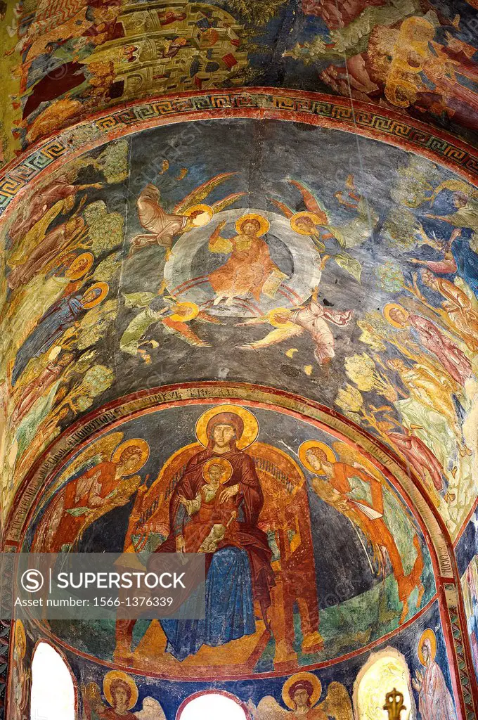 Interior of the Byzantine Orthodox monastery of Pantanassa , showing Byzantine frescos & Icons, Mystras , Sparta, the Peloponnese, Greece. A UNESCO Wo...