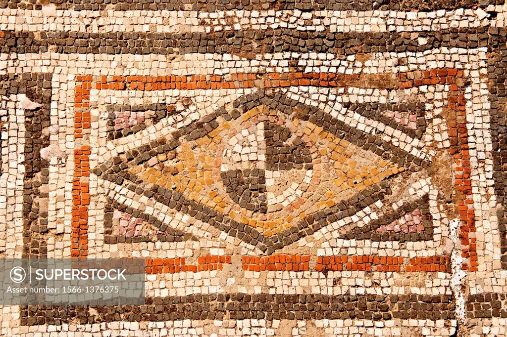 4th cent. AD geometric floor mosaics of the late Roman period Jewish synagogue of Sardis. Sardis archaeological site, Hermus valley, Turkey. Discovere...