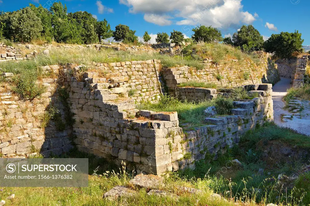 Portion of the walls of Troy (VII), identified as the site of the Trojan War (ca. 1200 BC). Troy archaeological site, A UNESCO World Heritage Site, Tu...