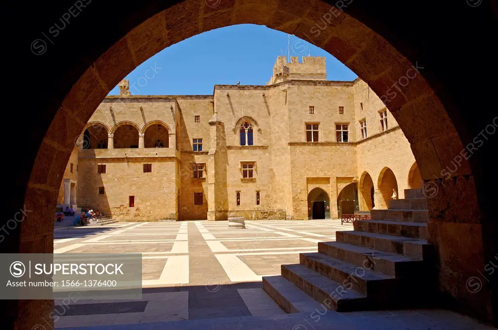 Inner courtyard of the 14th century medieval palace of the Grand Master of the Kinights of St John, Rhodes, Greece. UNESCO World Heritage Site.