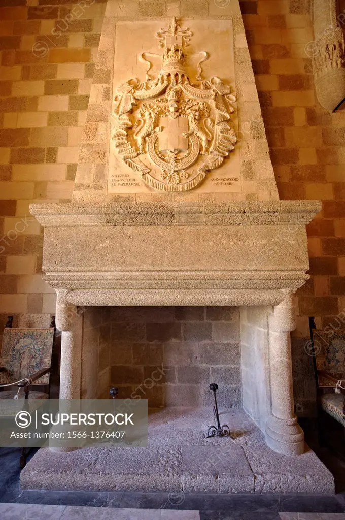 Fireplace in the 14th century medieval palace of the Grand Master of the Kinights of St John, Rhodes, Greece. UNESCO World Heritage Site.