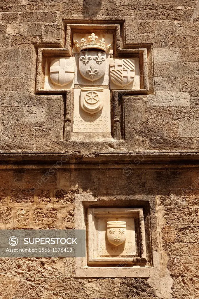 Medieval Heralic seal of the Knights on a lodge in the Avenue of the Knights. Rhodes, Greece, UNESCO World Heritage Site.