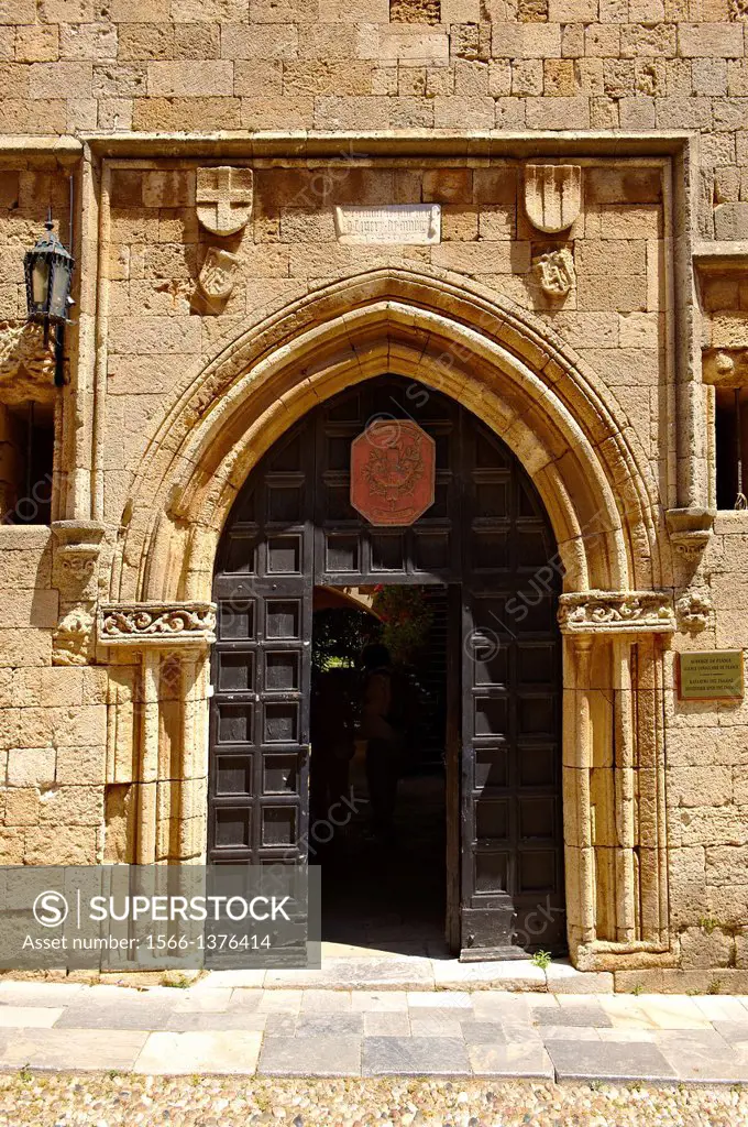 Entrance to the French speaking lodge of Knights, today the French consulate, Rhodes, Greece, UNESCO World Heritage Site.