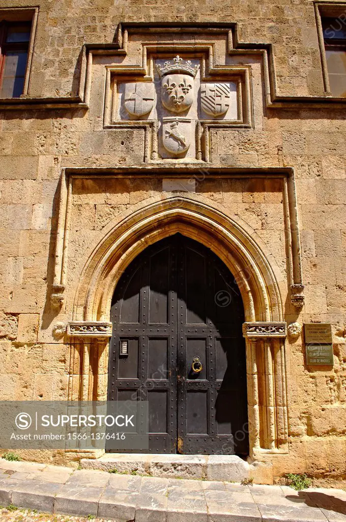 Entrance to a Medieval lodge of Knights, today the Club of Rhodes, Rhodes, Greece, UNESCO World Heritage Site.