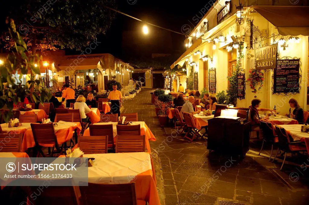Restaurants in the old medieval city of Rhodes, Greece.