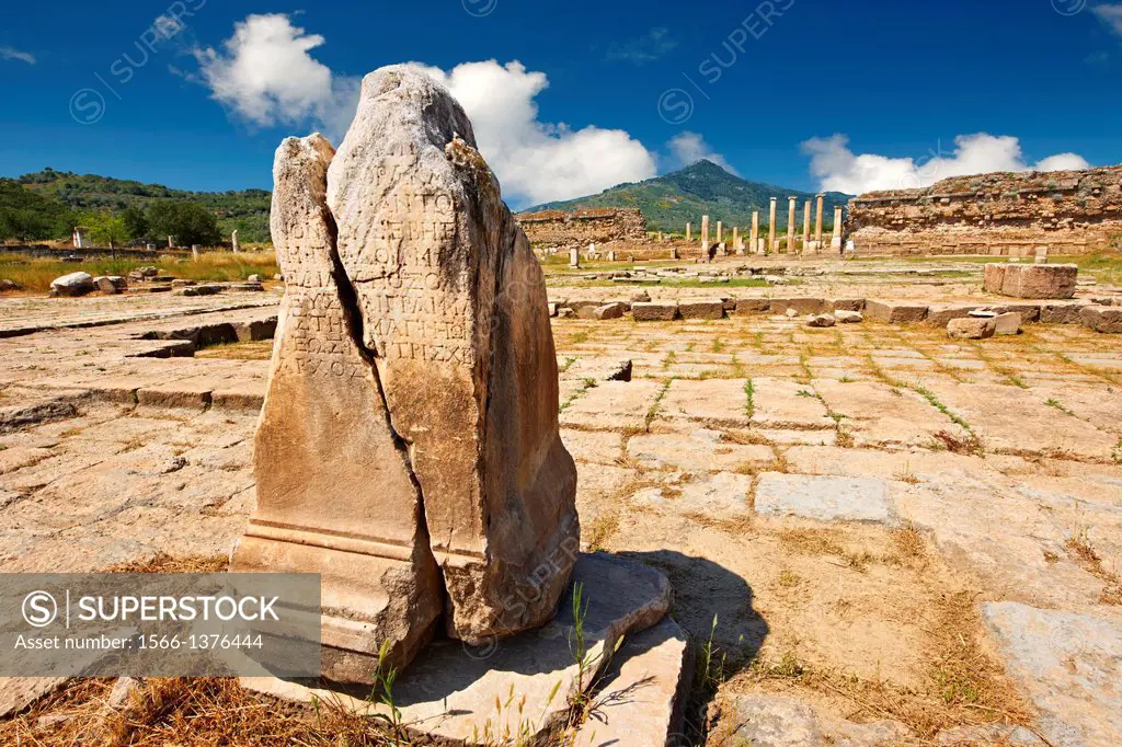 Greek incription on a plynth in the sanctuary of Artimis with the Agora, Magnesia on the Meander arcaeological site, Turkey.