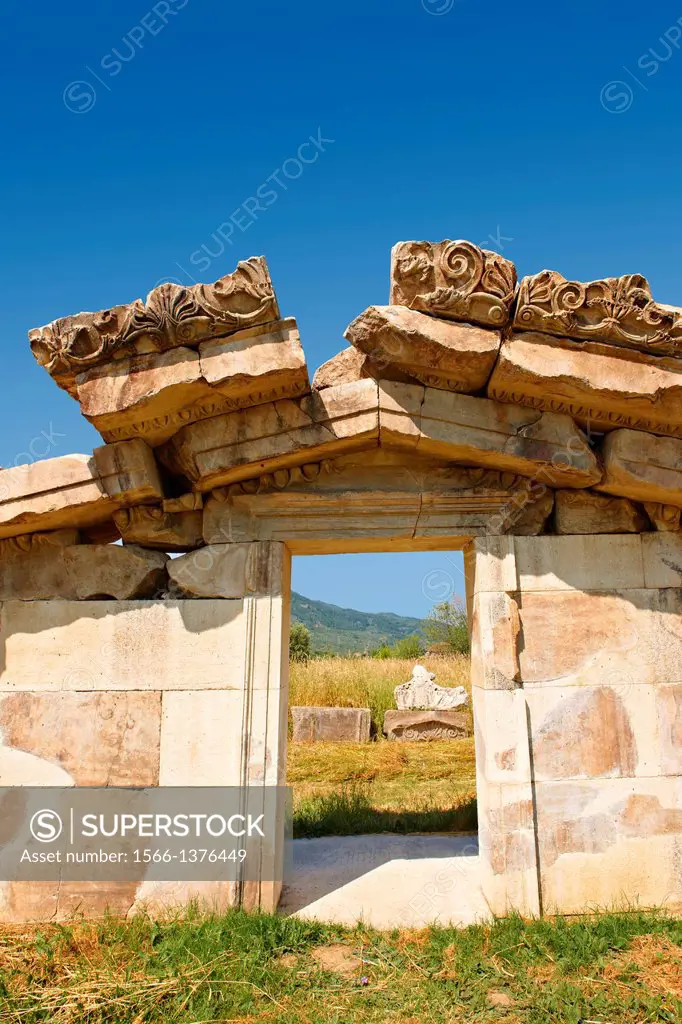 The Pediment of the Greek 3-2 cent B.C Temple of Artimis, Magnesia on the Meander arcaeological site, Turkey.