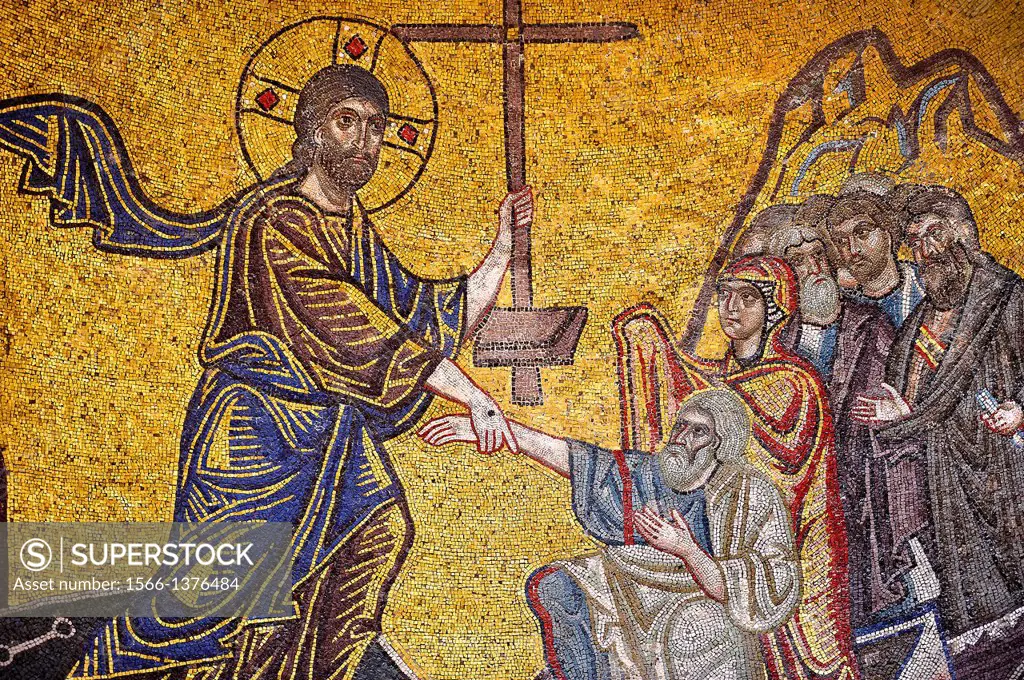 Christ being baptised by John The Baptist in Byzantine mosaics of Nea Moni built by Constantine IX and Empress Zoe after the miraculous appearance of ...