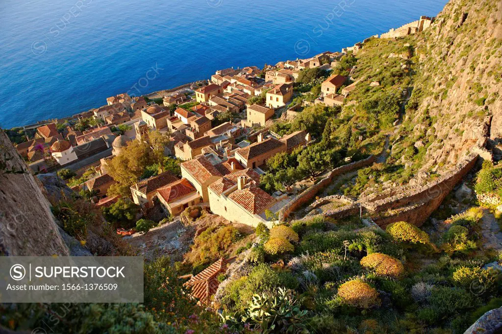 Arial view of Monemvasia Byzantine Island catsle town with acropolis on the plateau. Peloponnese, Greece.