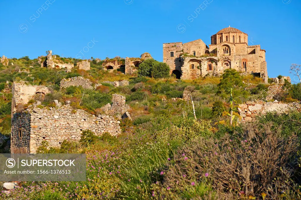 12th century Byzantine Orthodox Church of Hagia Sophia in the upper town ruins of Monemvasia , Peloponnese, Greece.