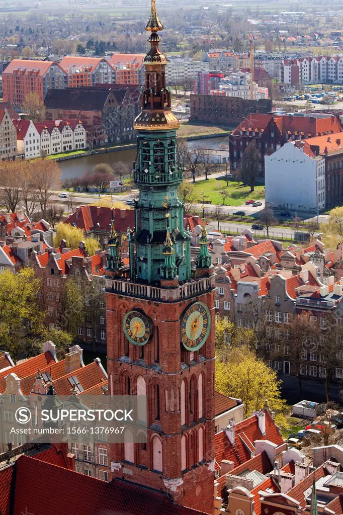 Poland, Gdansk, Old Town. The tower of the Town Hall as seen from St. Mary`s church.
