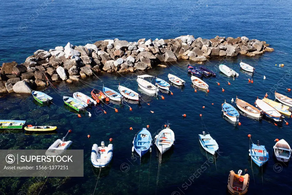 Boats in the Harbour at Riomaggiore Cinque Terre Liguria Italy.