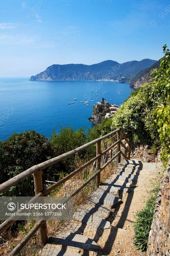 The First Sight on Vernazza on the Cinque Terre Coast Path from Corngilia Vernazza Cinque Terre Liguria Italy.