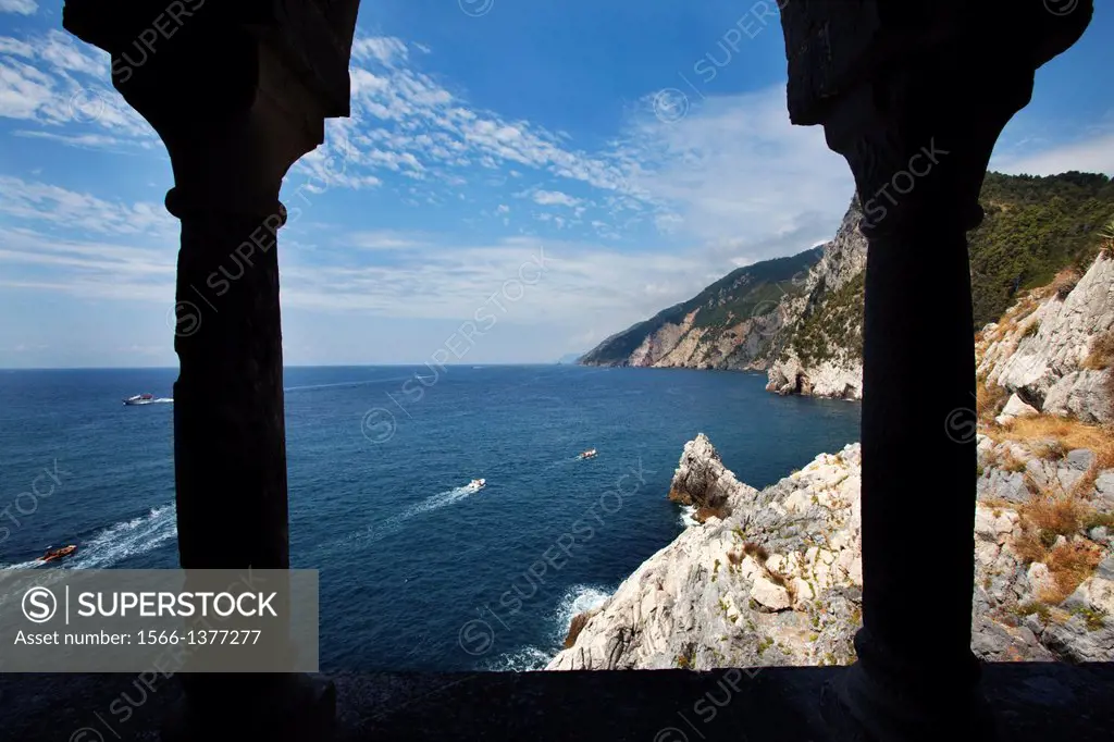 Window View along the Coast from the Church of St Peter at Porto Venere Liguria Italy.
