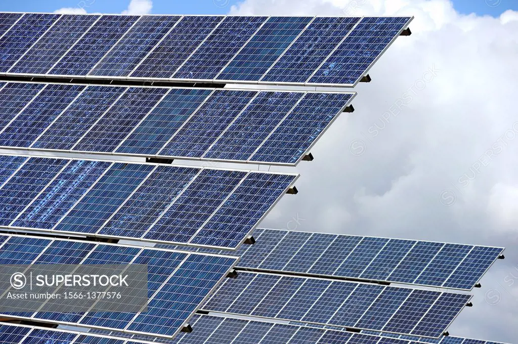 Solar power plant. Rows of photovoltaic arrays, La Rioja, Spain, Europe.