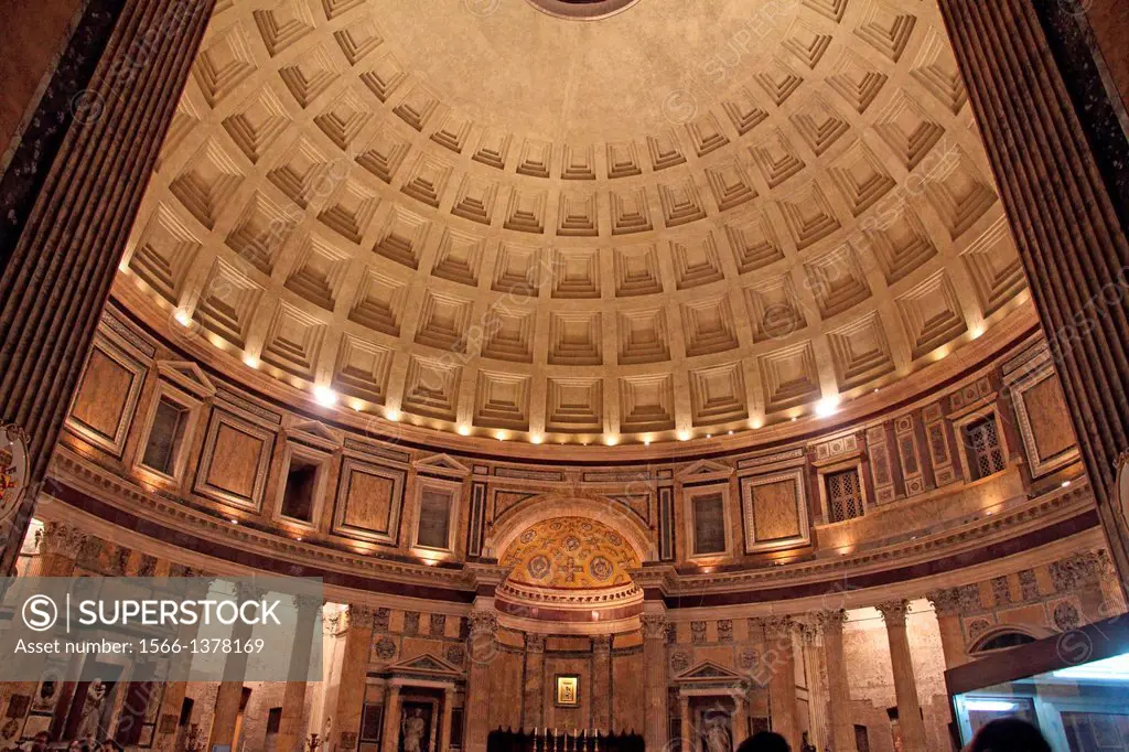 Oculo of Pantheon temple at night in Rome.