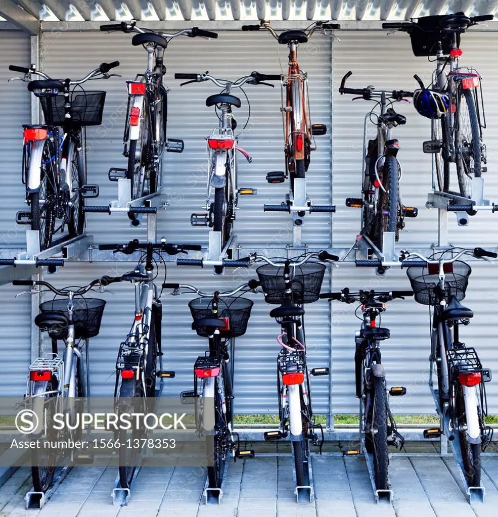 An organized bike rack making efficient use of space in Switzerland.