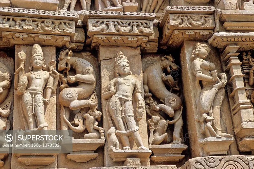 Erotic sculptures, Khajuraho Group of Monuments, UNESCO World Heritage Site, Madhya Pradesh, India, Asia.
