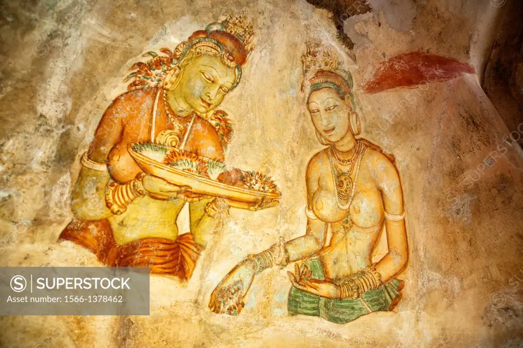Apsara frescoes at Sigiriya Rock, King Kassapa's palace fortress AD 477-495, UNESCO site, Sigiriya, Sri Lanka, Asia.