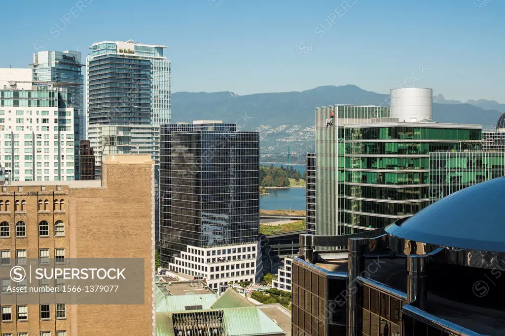 buildings in downtown Vancouver from the 19th floor of Harbour Centre, Vancouver, BC, Canada.