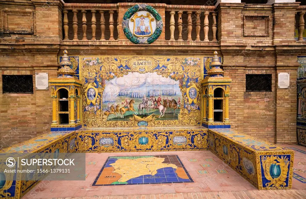 Albacete ceramic tile painting, Plaza de Espana, Maria Luisa Park, Seville, Spain, Europe.