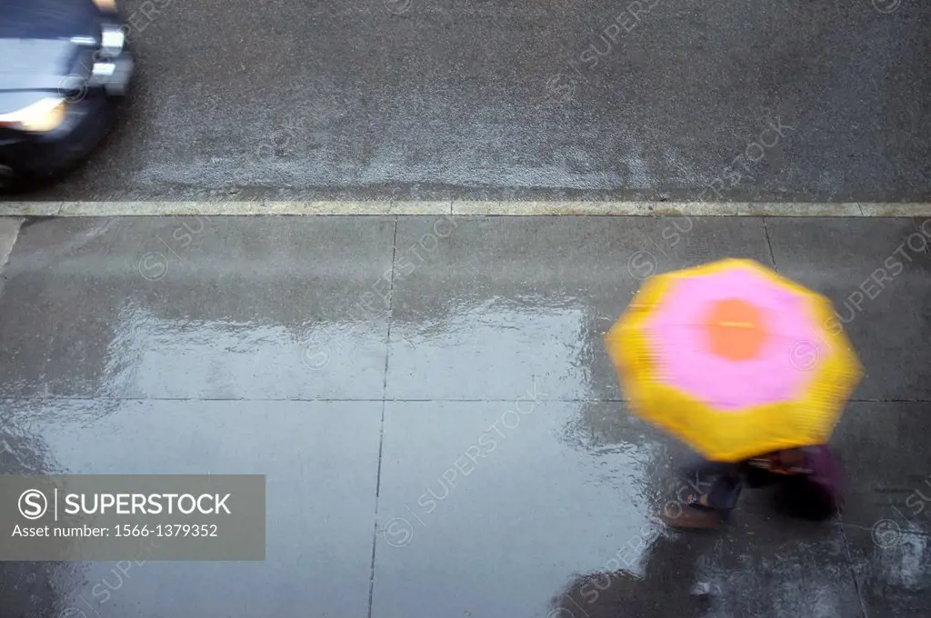 Woman Holding a Pink and Yellow Umbrella, Wheeling a Carry-on Suitcase, Rushing Down a Rainswept Street, Partial View of a Passing Car on the Top Left...