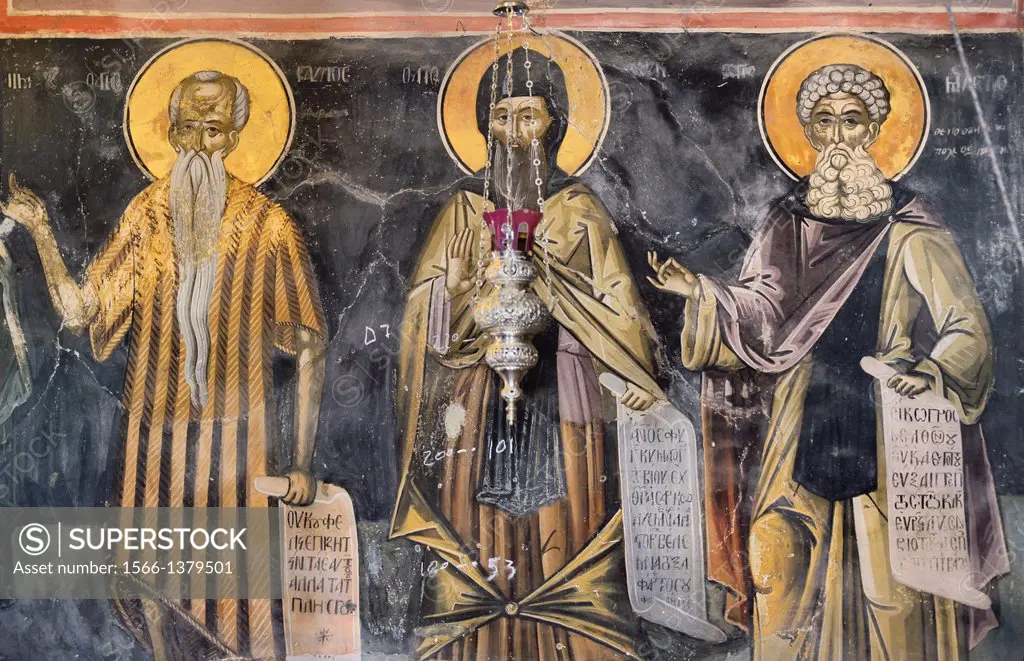 Greece, Thessaly, Meteora, World Heritage Site, Varlaam monastery, The Katholikon (church), Orthodox saints.
