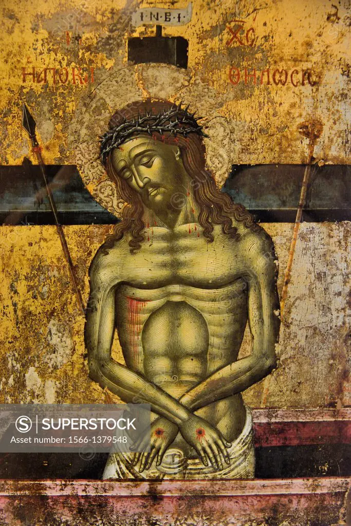 Greece, Thessaly, Meteora, World Heritage Site, Agios Stefanos (St Stephen) monastery, The museum, Icon of the retrieving of Christ's body from the cr...