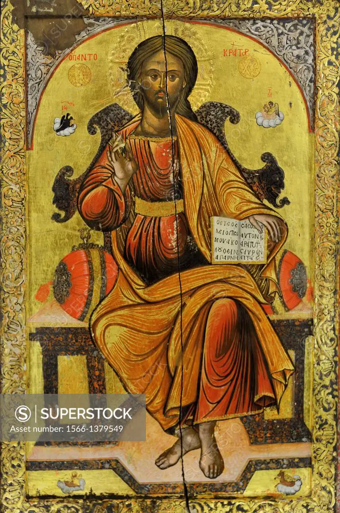 Greece, Thessaly, Meteora, World Heritage Site, Agios Stefanos (St Stephen) monastery, The museum, Icon of Jesus Christ Pantocrator (8th C).