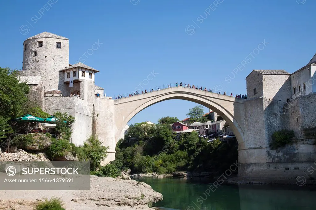 tara tower and the old bridge, mostar, bosnia and herzegovina, europe.