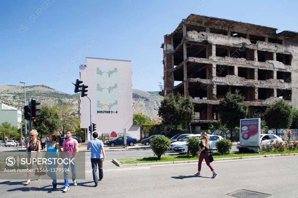 bombed building, west side, mostar, bosnia and herzegovina, europe.