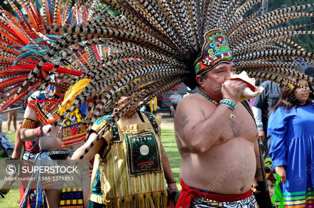 Cupa Day Festival, Pala Indian Reservation, Aztec dance troup, man blowing a conch.