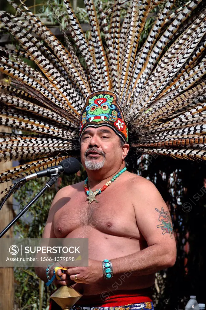 Cupa Day Festival, Pala Indian Reservation, Aztec dance troup, man in Aztec regalia.