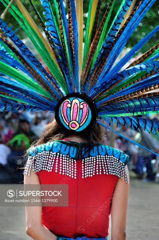 Cupa Day Festival, Pala Indian Reservation, Aztec dance troup, woman in Aztec head dress.