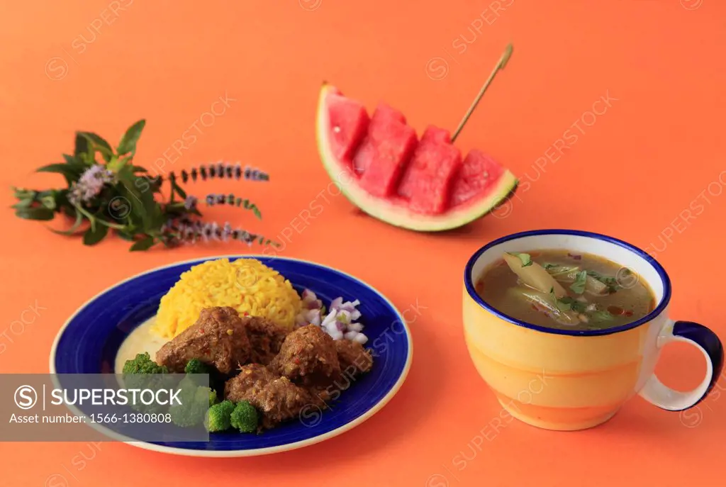 Burmese meal, tamarind pork curry, christophine soup,.