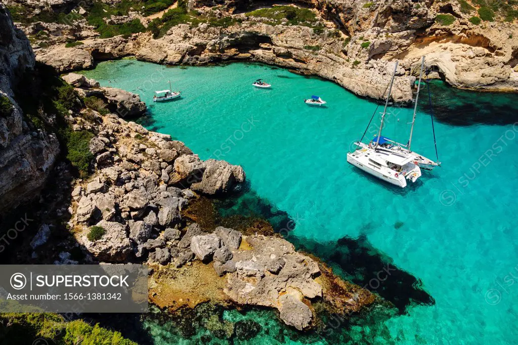 yachts anchored, Cala Marmols, Ses Salines, Majorca, Balearic Islands, Spain
