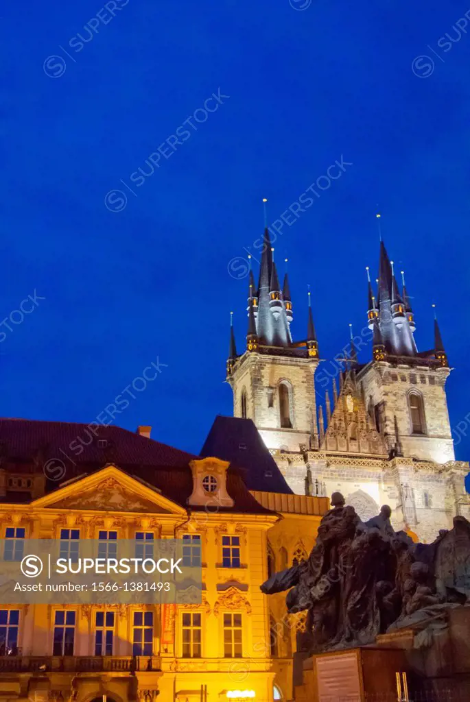 Jan Hus monument Kinsky Palace and Tyn church old town square Prague Czech Republic Europe.