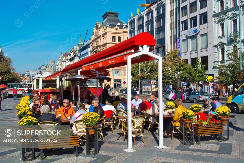 Cafe Tramvaj terrace patio Vaclavske namesti the Wenceslas square central Prague Czech Republic Europe.