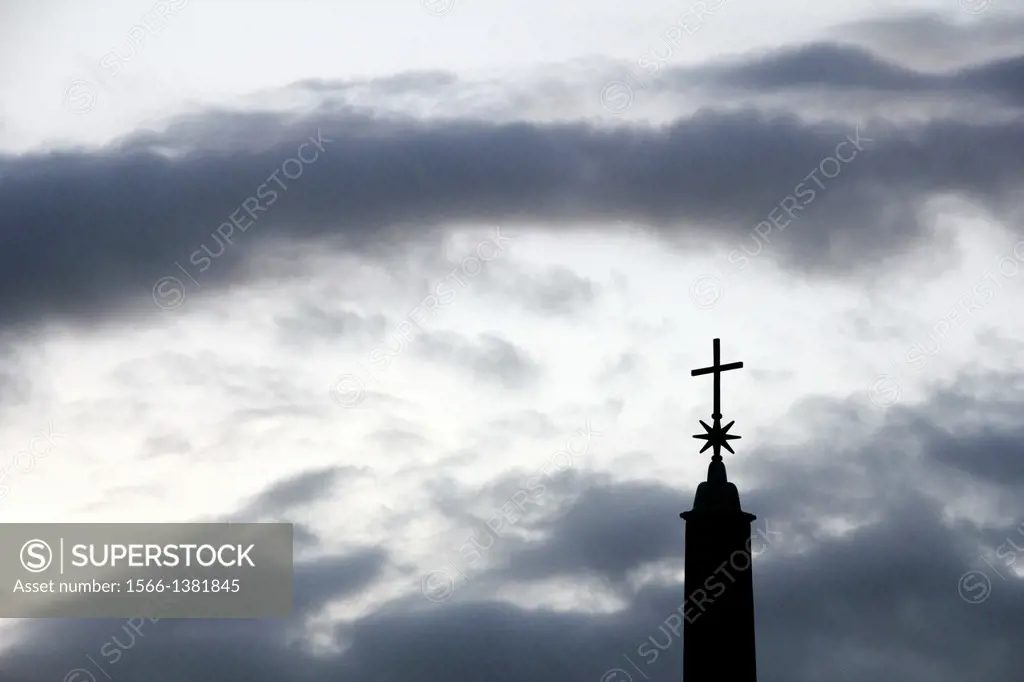 cross on obelisk by santa maria maggiore church in rome italy